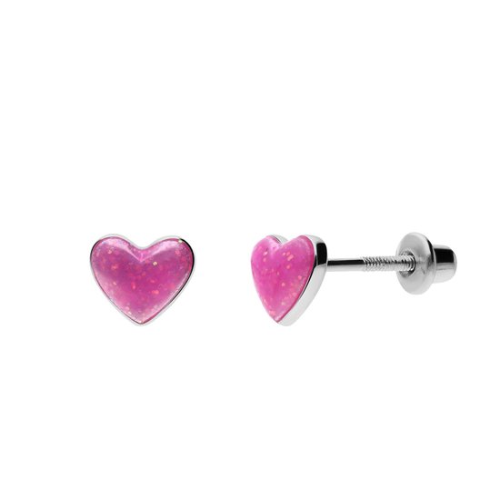 Lucardi Clous d'oreilles Kinder en argent avec coeur rose - Boucles d'oreilles - Argent 925 - Couleur argent