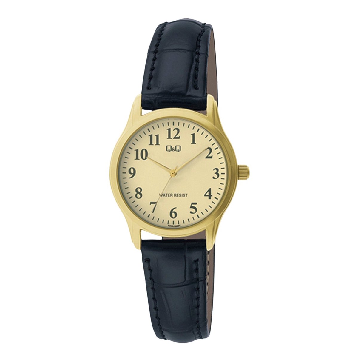 QQ C03A-008PY - Horloge - Vrouwen - Dames - Leren band - Rond - Staal - Zwart - Goudkleurig