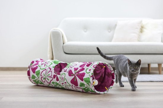 Tunnel pour Chat Fleurs - 25 x 90 cm - Joli Tunnel de Jeu pour Chats