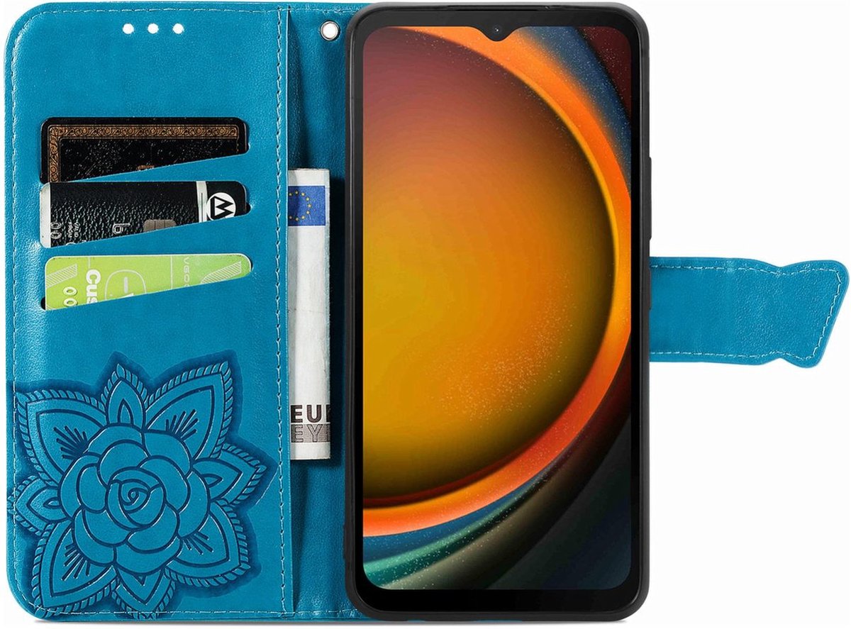 Mobigear Telefoonhoesje geschikt voor Samsung Galaxy Xcover 7 Hoesje | Mobigear Butterfly Bookcase Portemonnee | Pasjeshouder voor 3 Pasjes | Telefoonhoesje voor Pinpas / OV Kaart / Rijbewijs - Blauw