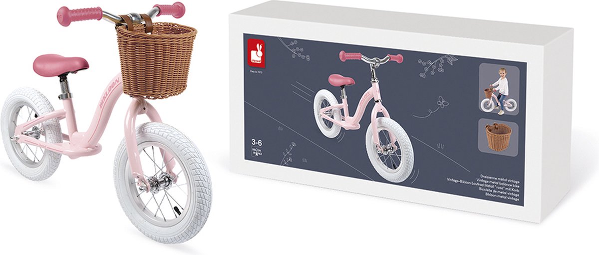 Janod Bikloon - Vintage Metaal Roze Loopfiets - Klassieke Loopfiets Van Metaal Met Opblaasbare Banden - Inclusief Leuke Mand (Imitatierotan) Die Eenvoudig Aan Het Stuur Kan Worden Vastgemaakt - Geschikt Vanaf 3 Jaar