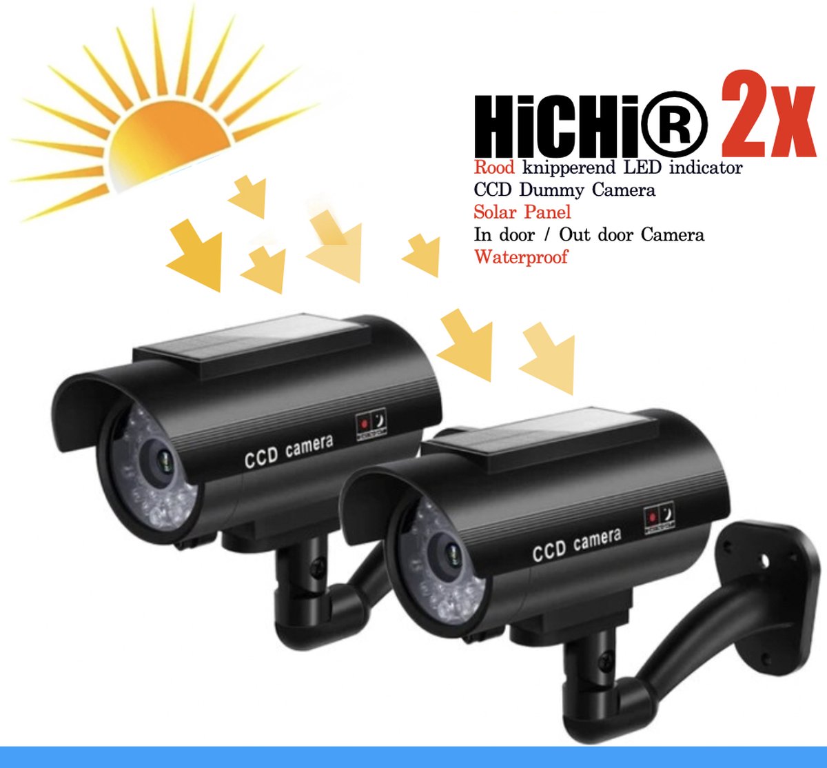 HiCHi® Nep camera met Zon panel - Nep camera met rood knipperend led indicator - Dummy Camera – Fake Camera Beveiligingscamera 2Stuks