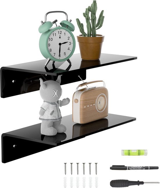 MILUKA Set van 2 wandplanken, 35 x 10 cm, zwart, compacte planken van staal voor badkamer, keuken of entree, ruimtebesparende organizer en kruidenrek voor aan de muur