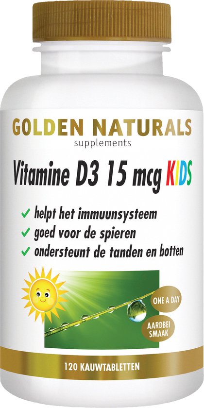 Fles Golden Naturals Vitamine D3 15 mcg KIDS, 120 aardbei smaak kauwtabletten. Logo met zon, gras en dauwdruppels.
