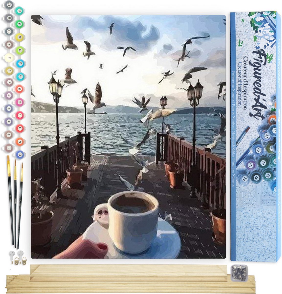 Figured'Art Schilderen op Nummer Volwassenen canvas Koffie en meeuwen aan de waterkant - Handwerk acrylverf Kit DIY Compleet - 40x50cm met DIY houten lijst