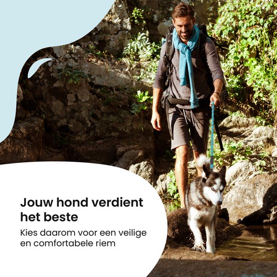 Man wandelt met husky in de natuur met blauwe riem