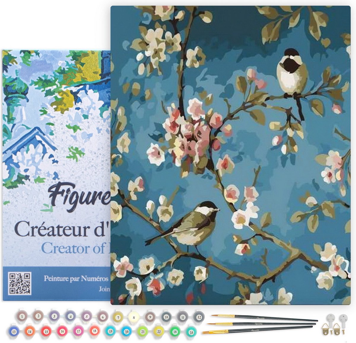 Figured'Art Schilderen op Nummer Volwassenen met lijst - Bloemen en vogels - Handwerk acrylverf Kit DIY Compleet - 40x50cm Canvas al ingelijst