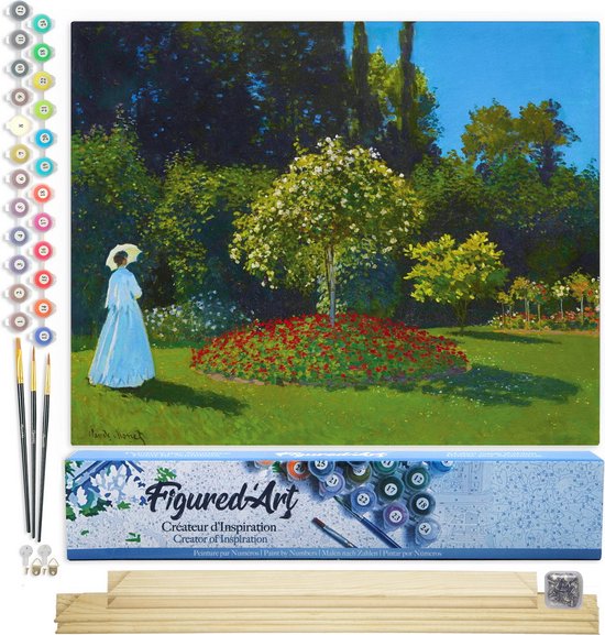 Figured'Art Schilderen Op Nummer Volwassenen Canvas Dame In Het Wit In De Tuin Monet Handwerk Acrylverf Kit Diy Compleet 40x50cm Met Diy Houten Lijst