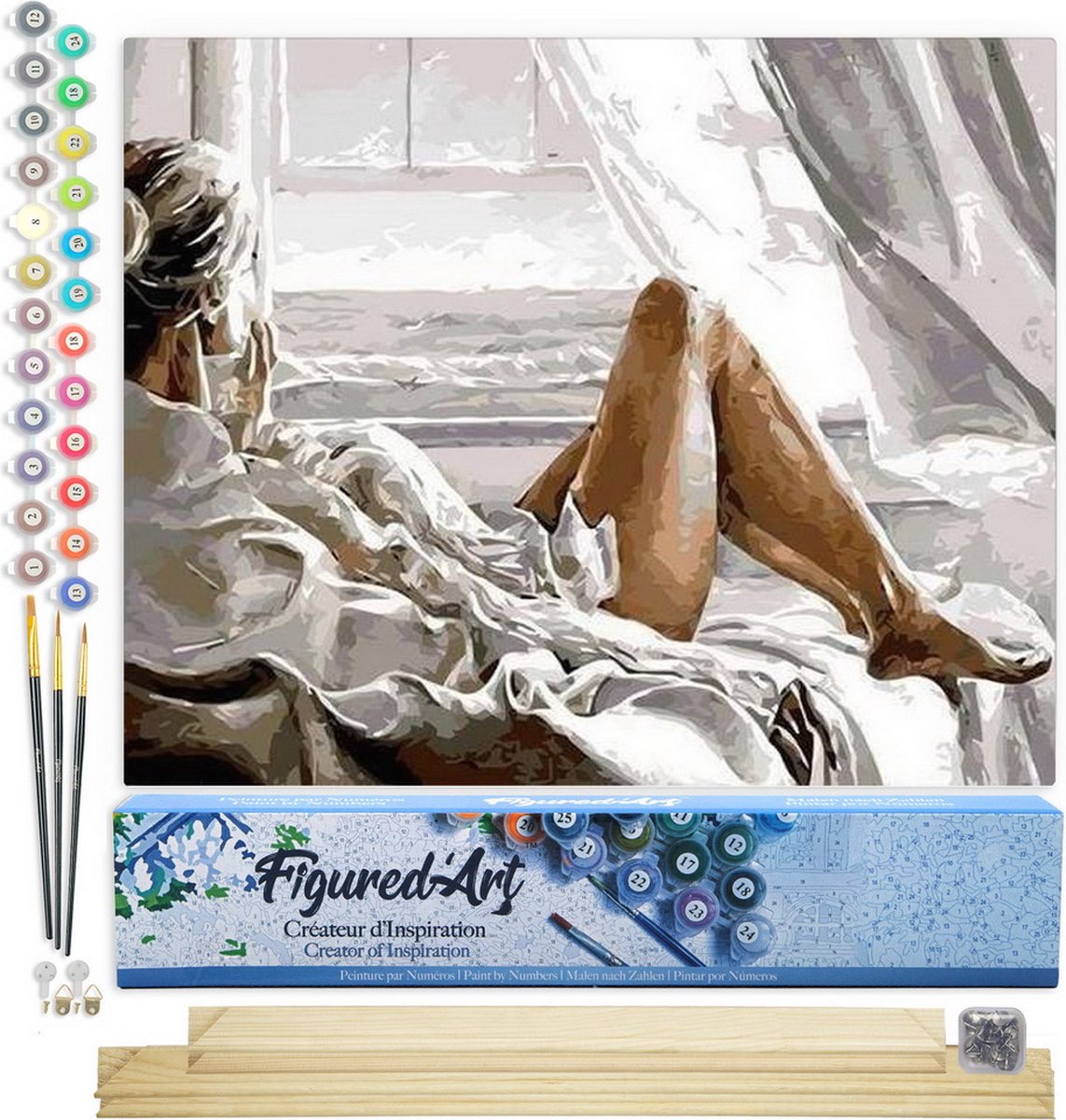 Figured'Art Schilderen op Nummer Volwassenen canvas Rust met uitzicht op de zee - Handwerk acrylverf Kit DIY Compleet - 40x50cm met DIY houten lijst
