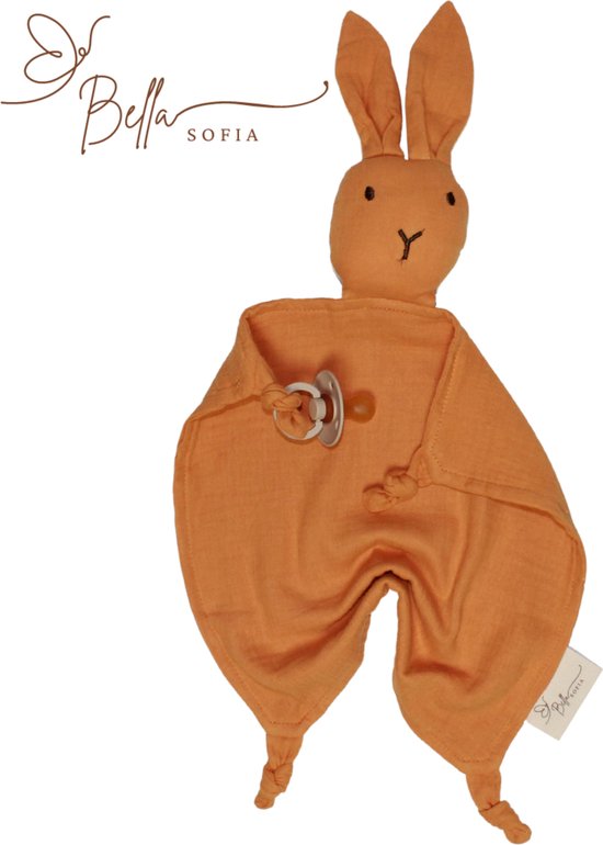 Bella Sofia® - Soof het Knuffelkonijn – Knuffeldoekje Geel – Biologisch Katoenen Hydrofiel Speendoekje – Perfect Kraamcadeau – Babyshower Cadeau – Veilig Baby Speelgoed