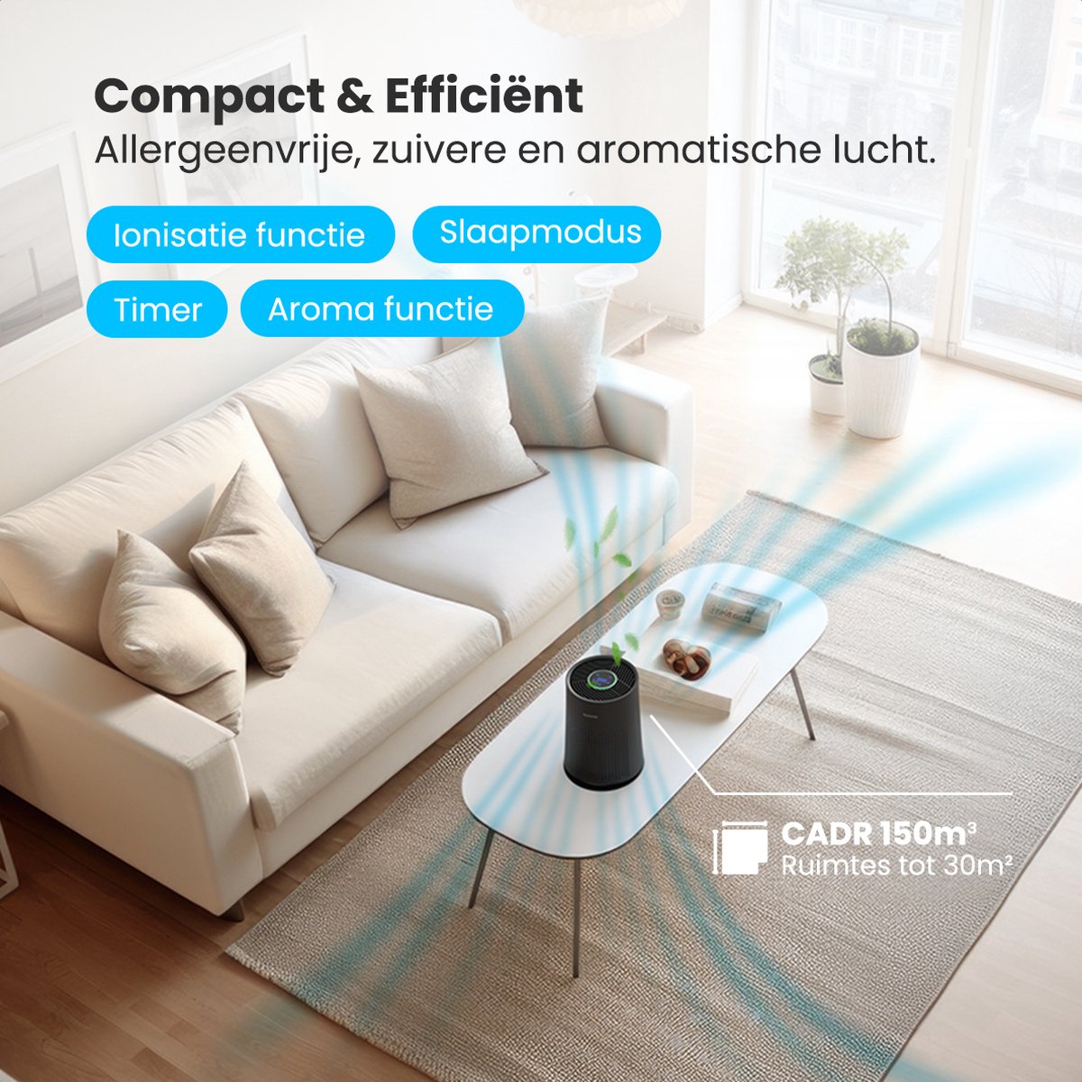 Auronic Luchtreiniger Compact Pro met HEPA 13 Filter, Ionisator en Koolstoffilter - Ruimtes tot 30m² - CADR-waarde van 150m³/u - Air Purifier met Aromatherapie - Zwart — afbeelding 4
