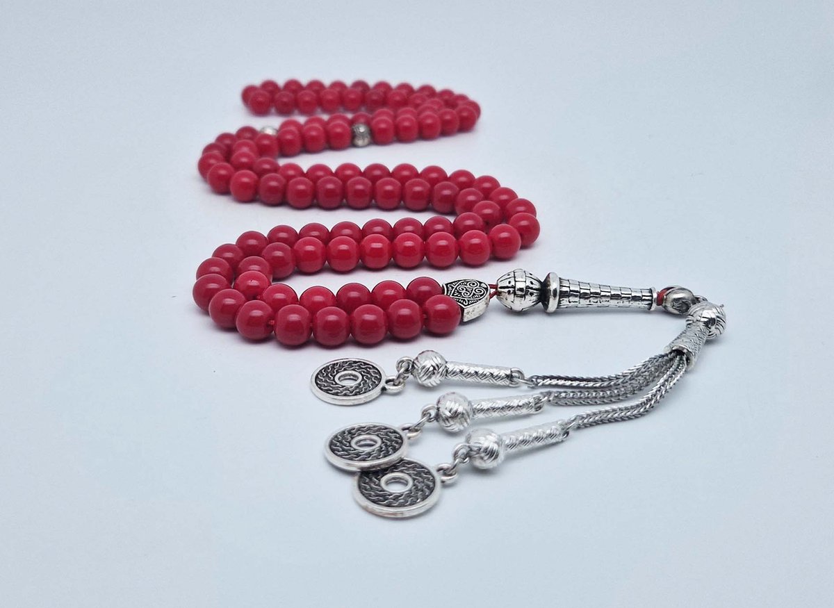 Handgemaakte tesbih natuursteen "Bloedkoraal" - Aantal kralen 99 - Diameter kralen 8MM - met metaal tassel "Omarmen" - Een mooi cadeau-idee