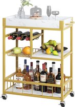 JGS® - Luxe Gouden Serveerwagen met Wijnrek en Marmeren Afwerking Keuken- en Barwagen op Wieltjes-
