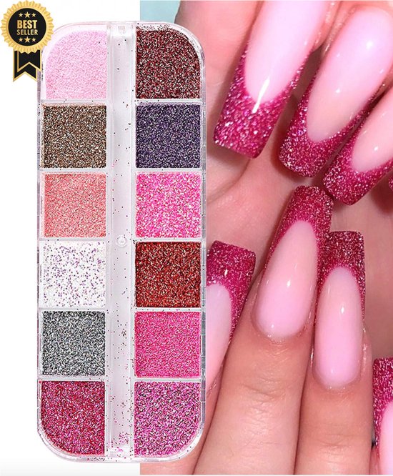 Foto: Guap nagel glitter poeder set 12 nail art glitters nail art nagel decoratie nail dip powder gellak gel acryl chrome nagels roze nagel glitters rhinestones steentjes 12 stuks diverse kleur nagelpoeder