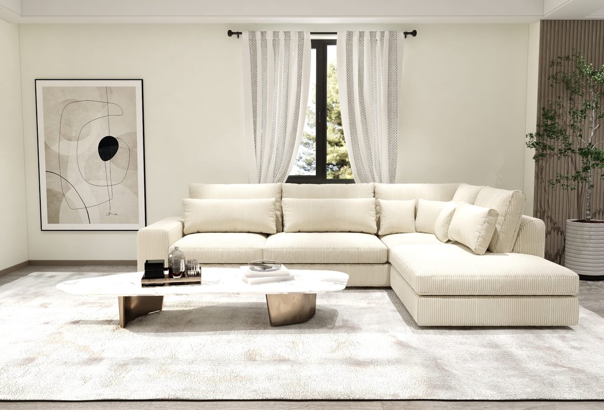 hoekbank martino- lounge rechts- corduroy ribstof beige- hoeksalon rechts
