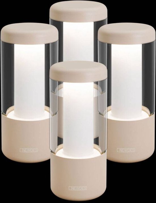 Quatre lampes de table Sompex NIP couleur sable avec cylindre en verre, diffuseur blanc opale et LED dimmable.