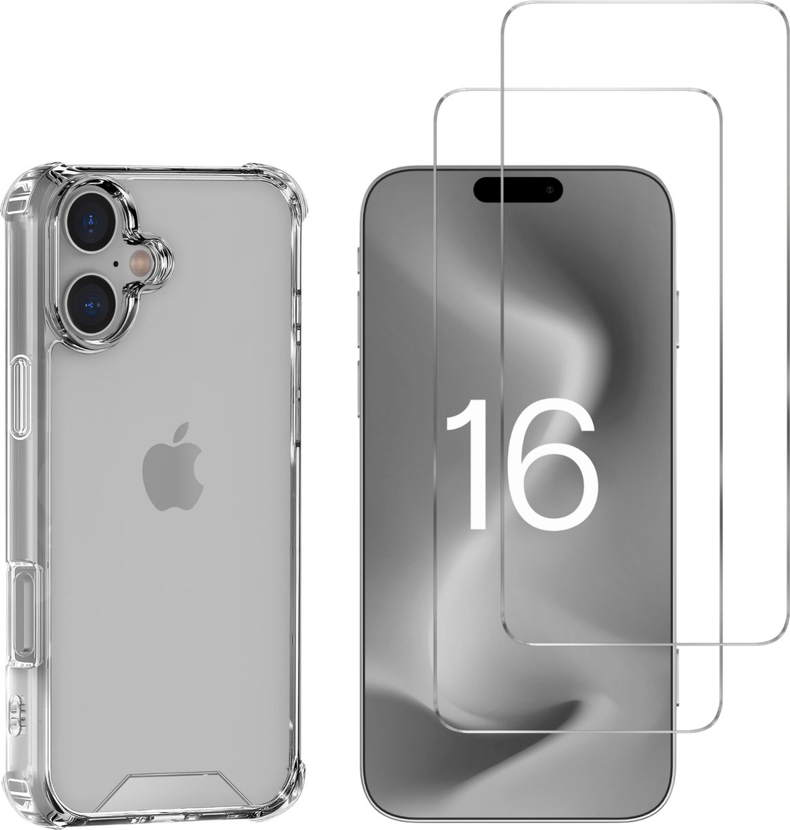 Hoesje voor iPhone 16 backcover Shockproof siliconen Transparant en 2 stuks Screenprotector Gehard Glas