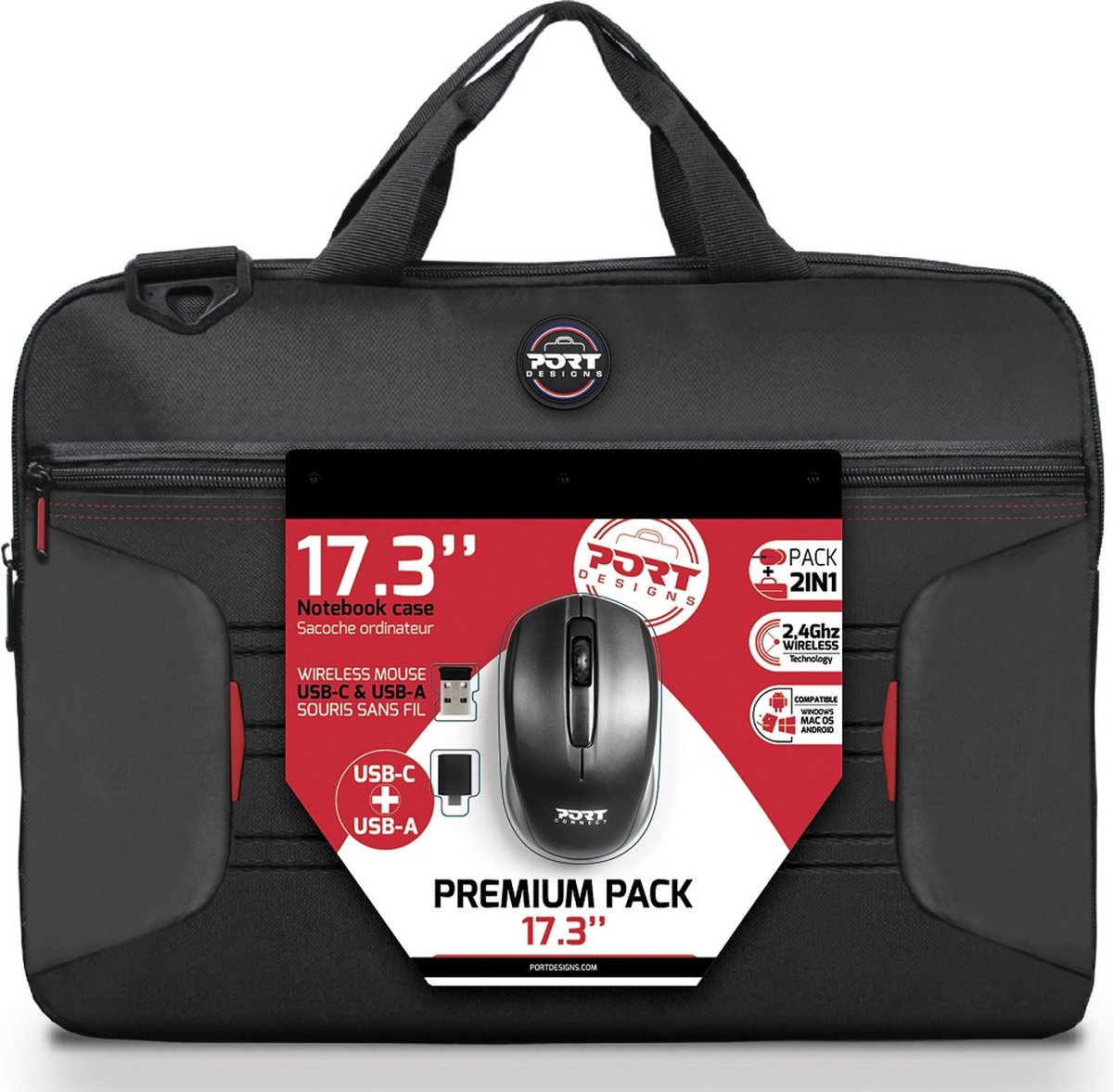 Port Designs Premium Bundel - Laptoptas + Draadloze Muis - tot 17.3 inch - Optische Sensor - 1000 DPI - Zwart