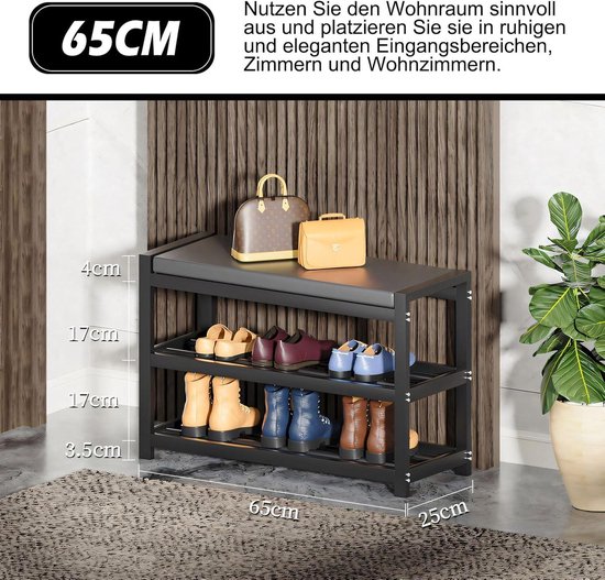 Rack à chaussures avec siège rembourré avec Bench à 3 niveaux - Meuble à chaussures 65 x 25 x 41,5 cm - Acier au carbone Charge 150 kg pour entrée couloir salle de Living salon