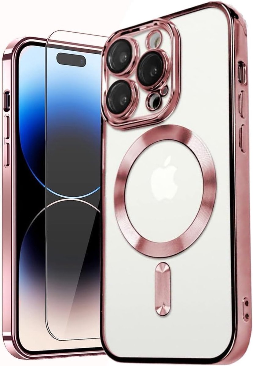 Backcover hoesje Geschikt voor: iPhone 16 met geïntegreerde Camera lens bescherming + 1x Screen protector [magnetische hoes] compatibel met MagSafe Dames Heren - Roze