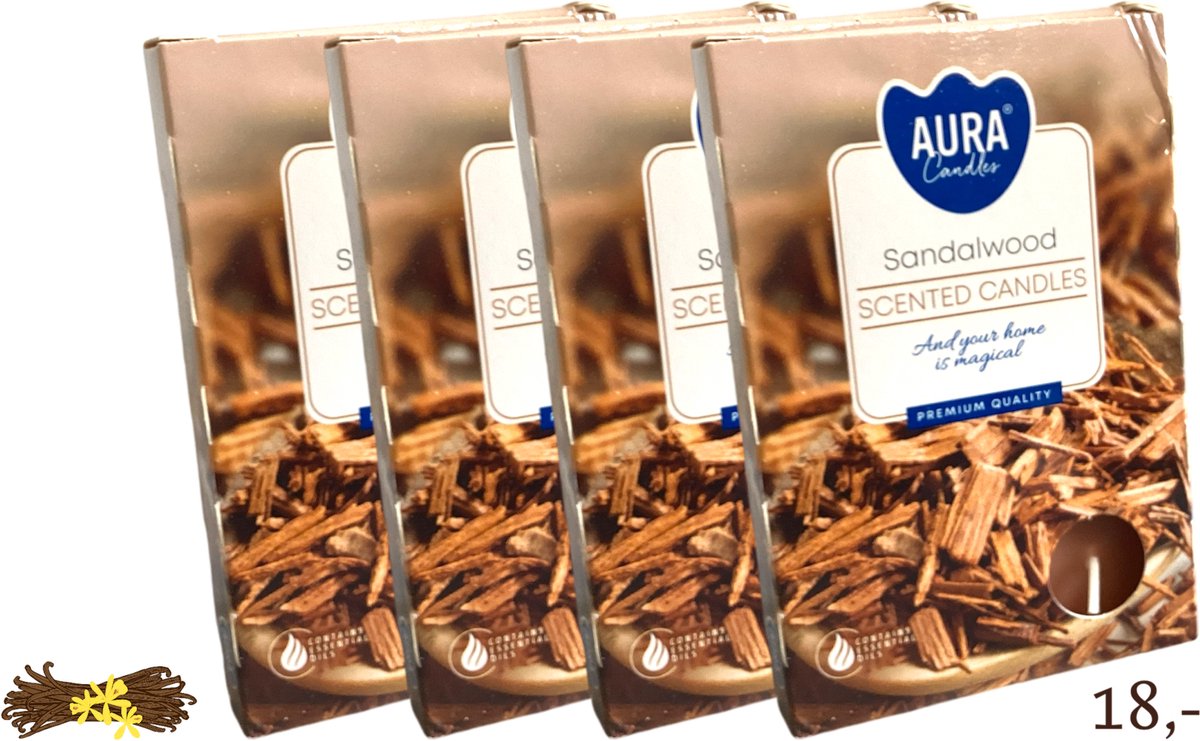 Waxinelichtjes - 'Sandalwood' - Sandelhout - Geurkaarsjes - Kaarsen - Theelichtjes - Geurwaxinelichtjes - Geurtheelichtjes - Geurend - Hout - Natuur - Meditatie - Mediteren - 4 Branduren - Bruin - Rust - Rustgevend - Geschenk - Cadeautje - Kado