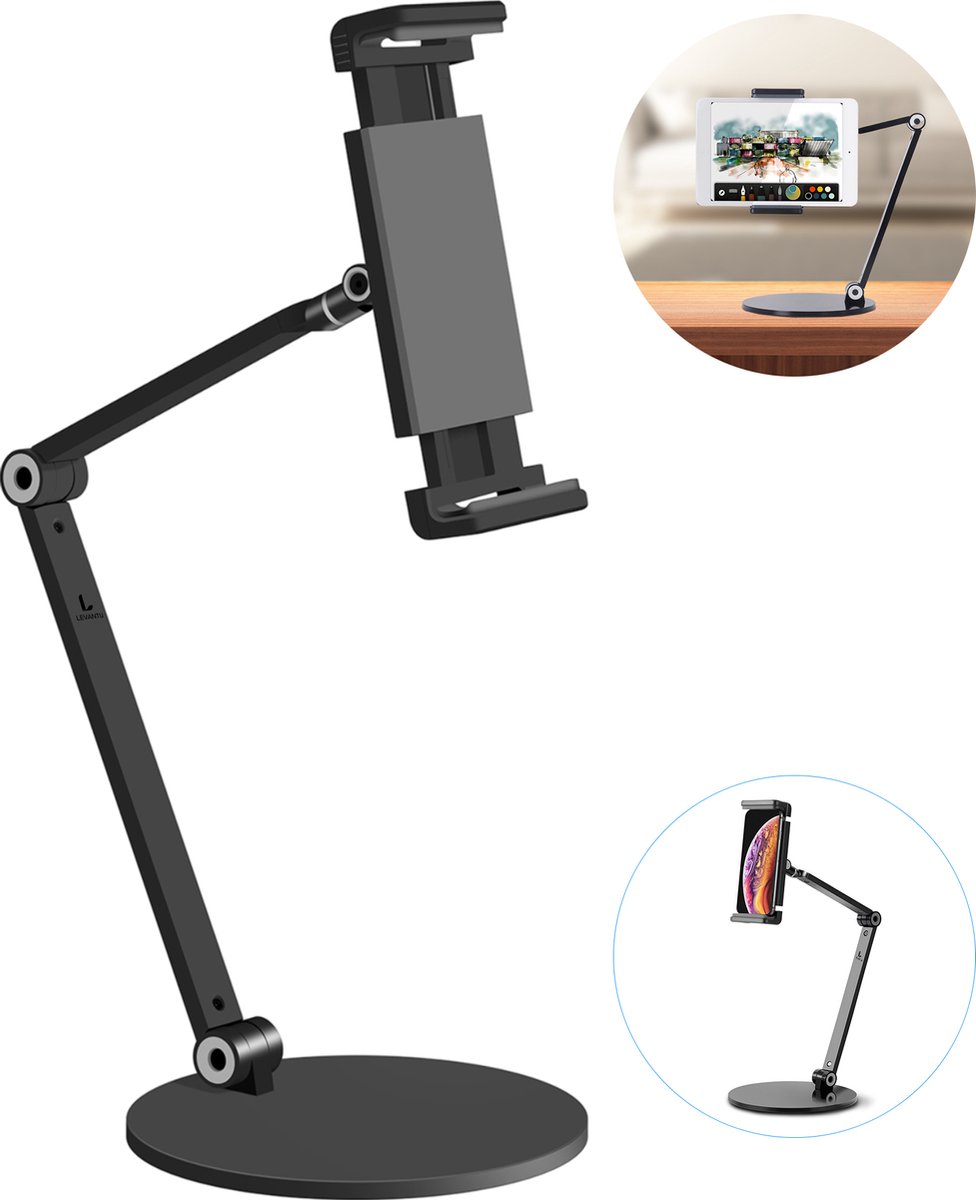 LEVANTU® Ergonomische Tablethouder met verstelbare arm - voor telefoon en tablet - Telefoonstandaard - Tablet standaard -Tablet houder statief -Zwart