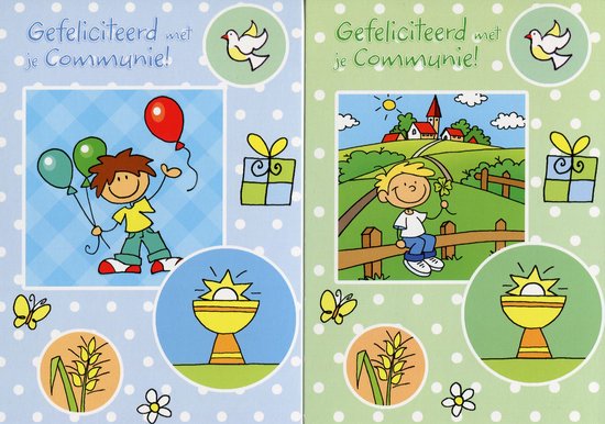 Twee kaarten voor communie: een jongen met ballonnen en een jongen op een hek, beide met religieuze symbolen.