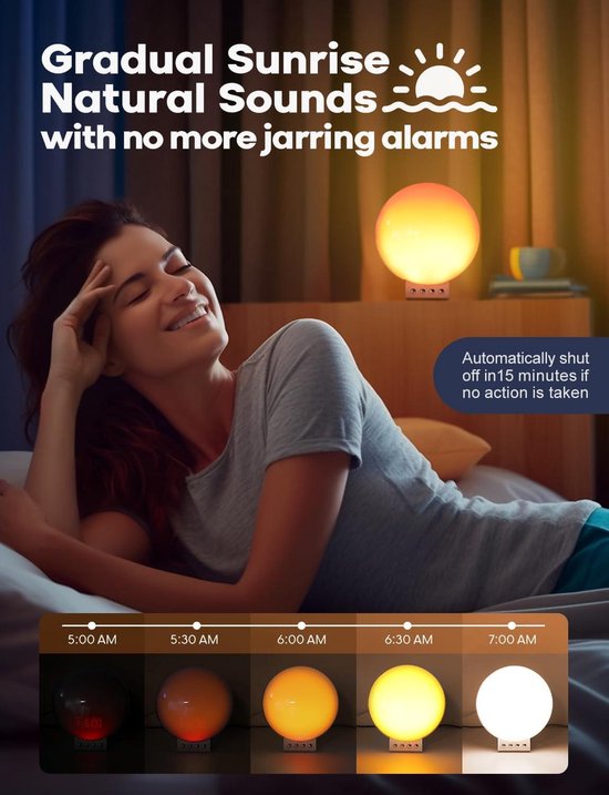 Éclairage d'ambiance Lichtwecker Tageslichtwecker Sonnenaufgang-Sonnenuntergang Simulation Full Bild Wake Up Light avec chargeur sans fil Touch/APP Support - Kinder & Erwachsene - compatible avec Alexa
