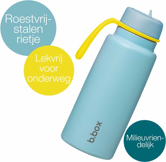Lichtblauwe b.box drinkfles van roestvrij staal met geel handvat en rietje. Lekvrij voor onderweg en milieuvriendelijk.