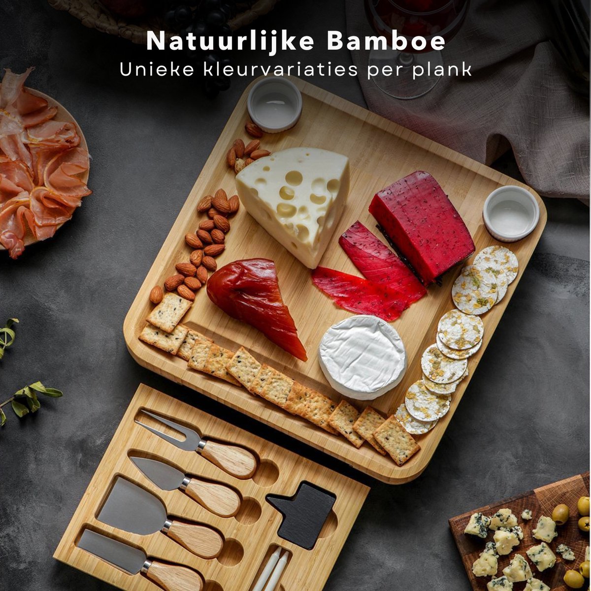 Luxe Tapasplank - Uitschuifbare Borrelplank - Bamboe Kaasplank met Mesjes - 33x55 cm - Inclusief EBOOK — cadeau in Kookcadeaus - foto 5