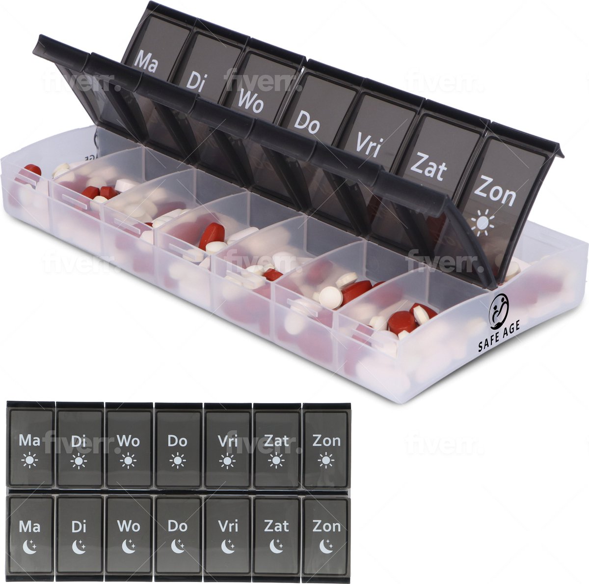 Goedkoopste Safe Age® XL medicijndoosje 7 dagen met ochtend / avond vakken - Nederlands - pillendoos - grote vakken - pillendoos 7 dagen
