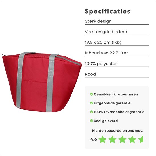 Cheqo® Geïsoleerde Koeltas - 22,3 liter - Rood - Isolerend - Thermische Binnenkant - Dubbel Handvat - Rits - 18,5 x 18 cm - Verstevigde Bodem - Voor Picknick & Boodschappen van Cheqo — afbeelding 4