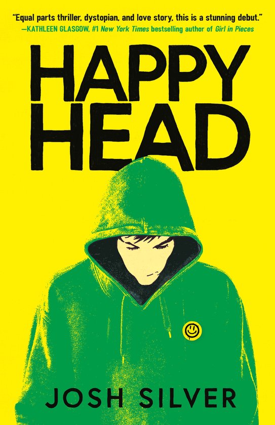 Couverture de livre avec le titre 'Happy Head' en grosses lettres. Une personne portant un sweat à capuche vert est représentée, avec un badge smiley jaune sur la poitrine.