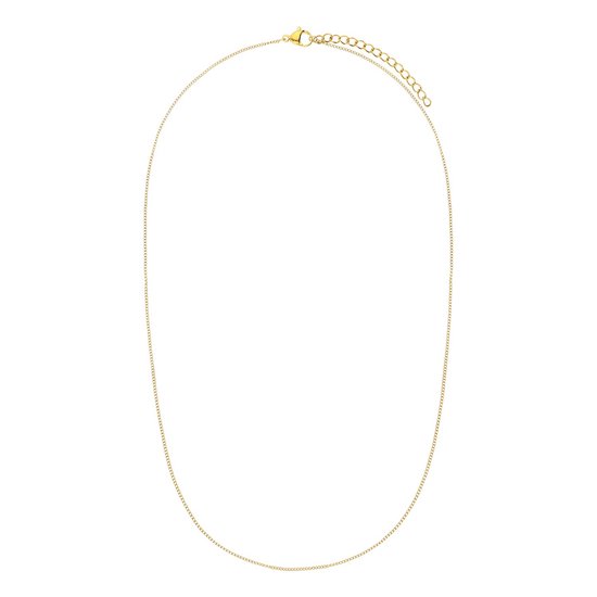 Een slanke, gouden gourmet ketting met een karabijnsluiting en verlengstuk.