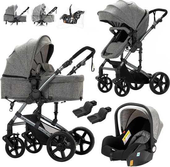Seastone - Luxe 3-in-1 Kinderwagen - Wandelwagen - Autostoeltje - Buggy - Reiswieg - Inklapbaar - 0-36 Maanden - Grijs van Seastone — afbeelding 2