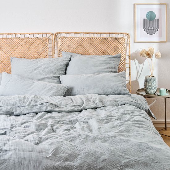 Blumtal Mousseline Dekbedovertrek 200 x 220 cm - OEKO-TEX gecertificeerd Dekbedovertrek - Mousseline Katoen - Beddengoed 200 x 220 + 2 x Kussensloop 80 x 80 - Zomer Dekbedovertrek - Blauw