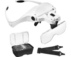 Hoofdband Loepbril met LED Licht - Vergrootglas 5 Verwisselbare Lenzen (1-35 X) voor Brildragers - Lezen Handwerk Juweliers Naaien en Reparatie. Vergrootglas met licht