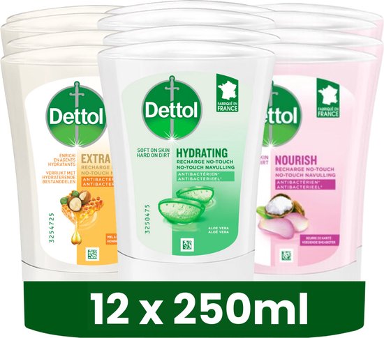 Drie flacons Dettol handzeep navullingen: geel 'Extra Hydratant' met honing, groen 'Hydrating' met aloe vera, roze 'Nourish' met sheabutter.
