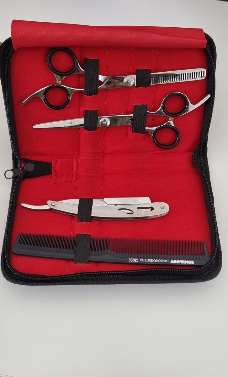Belux Surgical Instruments/ Kappers Set 4-delig – Knipschaar, Uitdunschaar, Scheermes & Haarkam + Etui – RVS – Salonkwaliteit