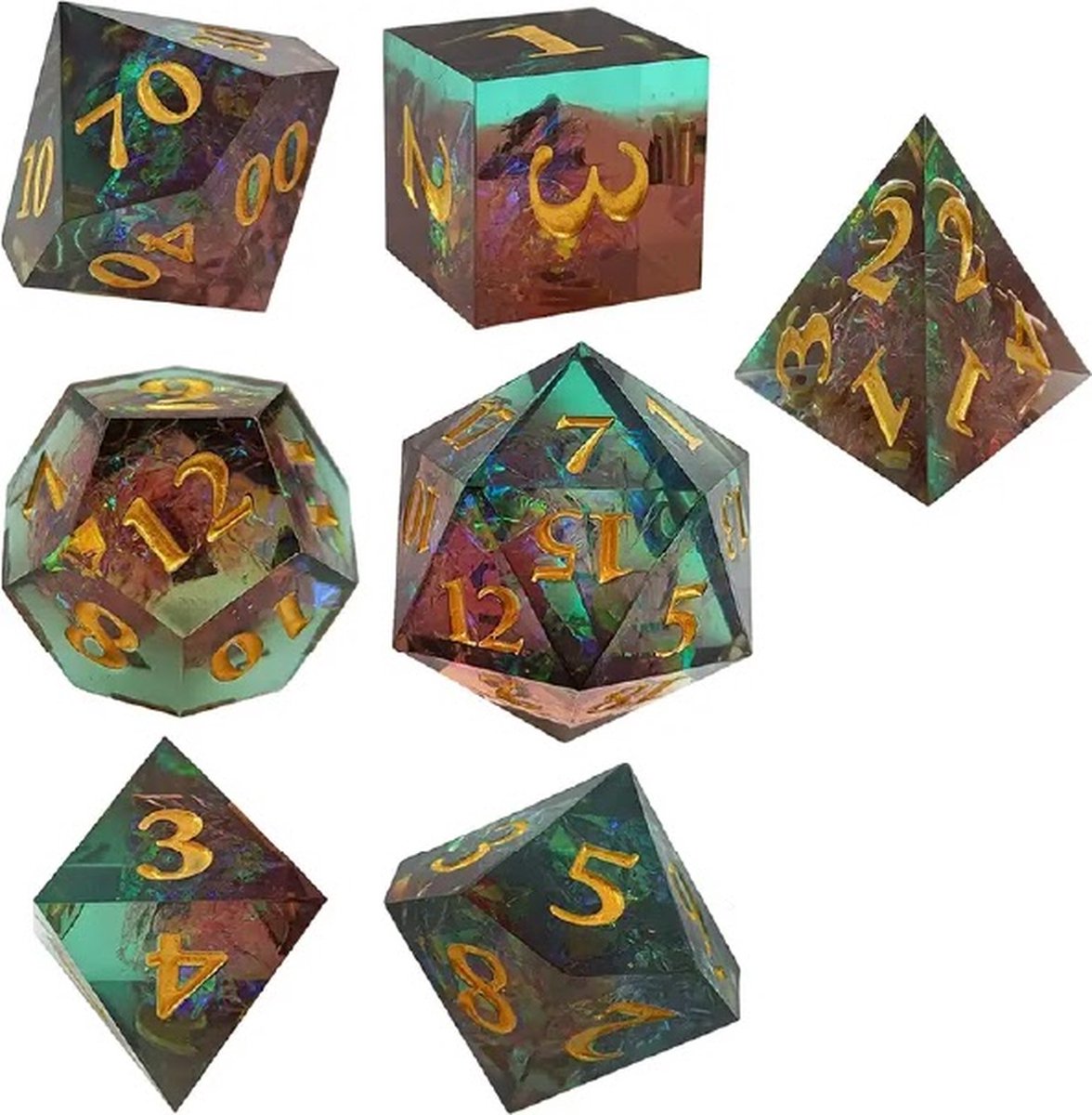 Lapi Toys - Dungeons and Dragons dobbelstenen - DnD Dice - Polydice - Dobbelstenen Dungeons Dragons - D&D dobbelstenen - DnD Dice Set - 1 set (7 stuks) - Sharp Edge - Resin - Groen - Blauw - Rood