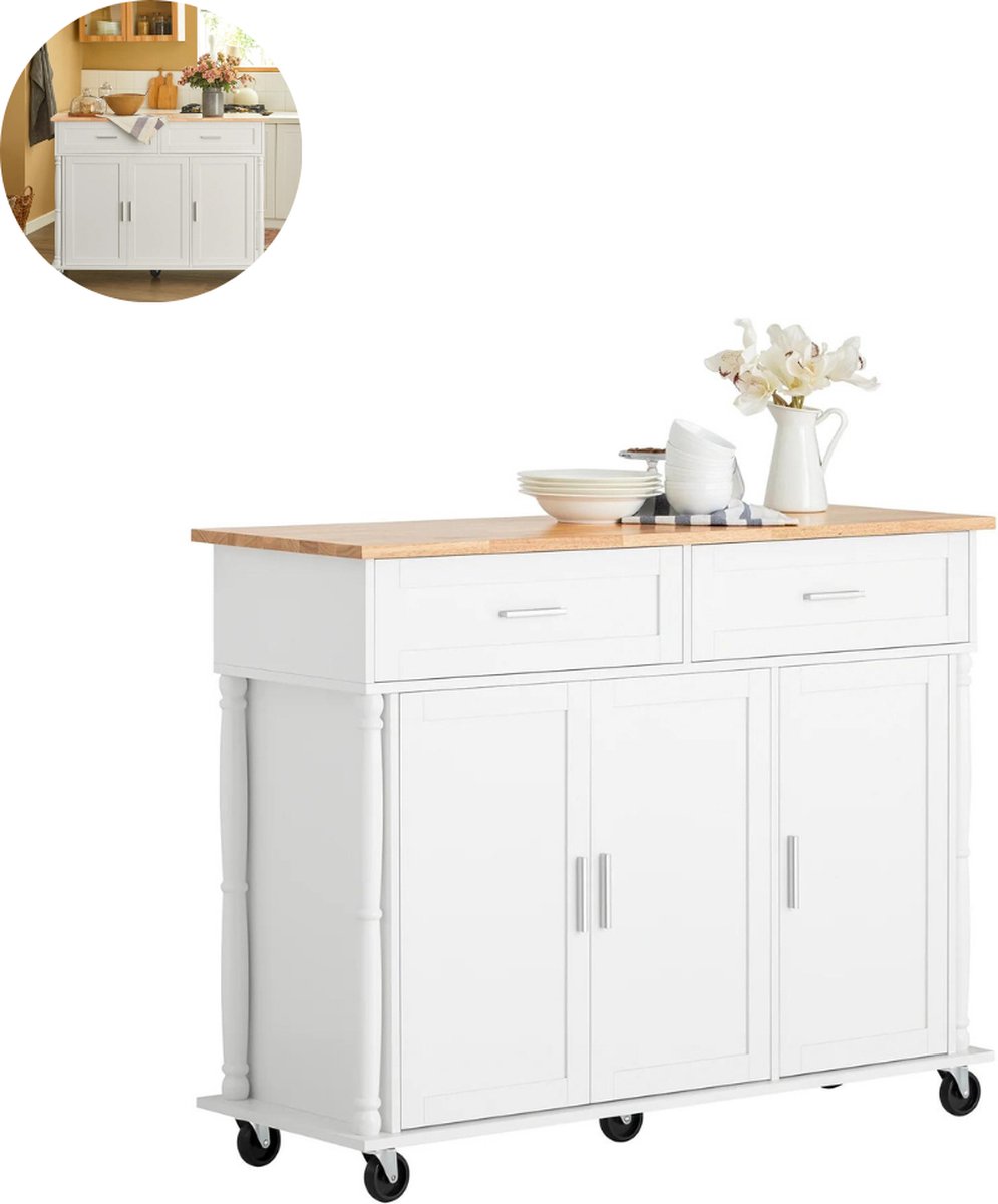 Keukeneiland - Verplaatsbaar - Keukenkast - Dressoir - Organizer - Kasten - Houten Werkblad - 3 Deure - 2 Laden - Wit