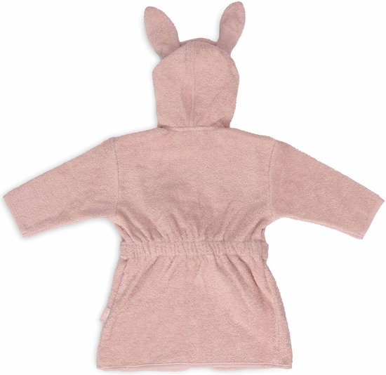 Arrière d'un peignoir rose à capuche et oreilles de lapin, avec ceinture.