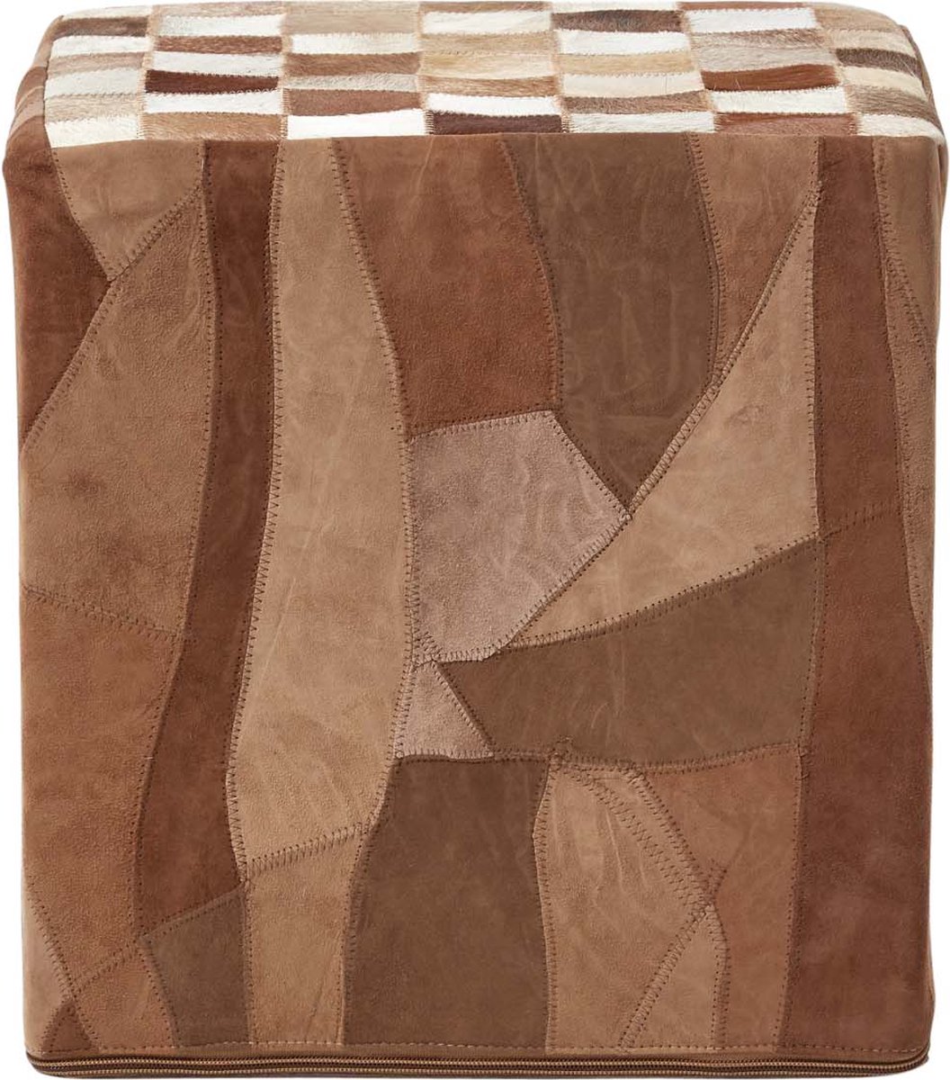 Homescapes Bruine patchwork poef – geruite zitkubus van bont en leer, 36x38 cm