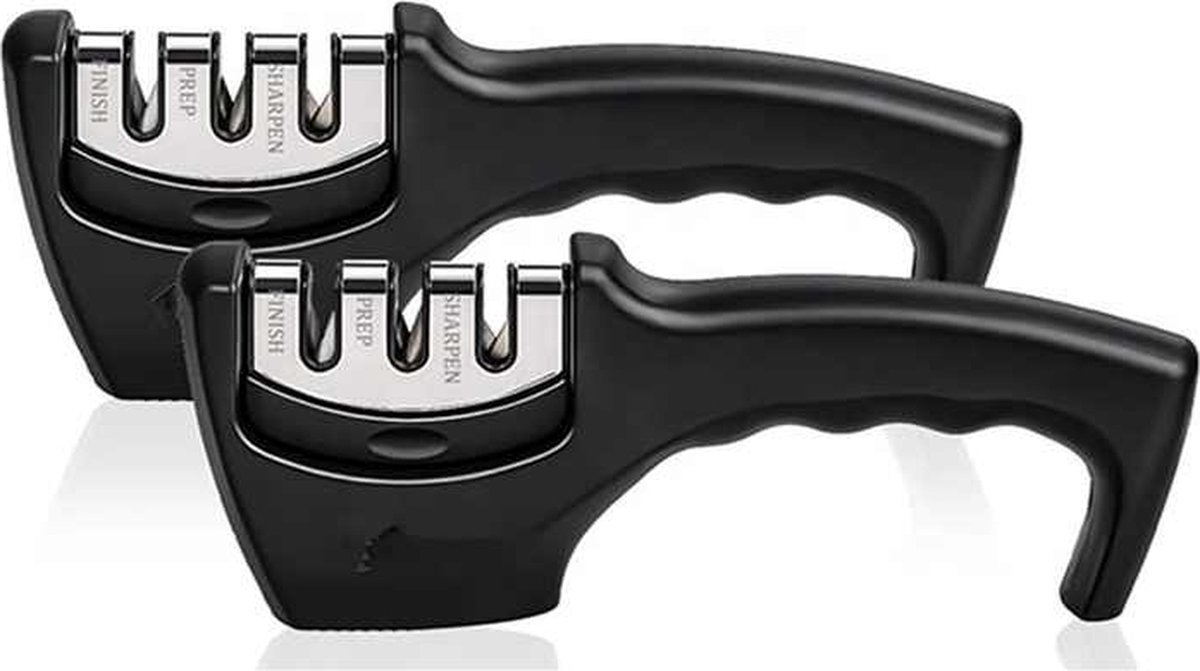 Duurzaam&Mi - Messenslijper - 1set (2stuks)- Zwart - Anti slip - 3 Standen - Doortrekslijper - Aanzetstaal - Slijpsteen - Ergonomisch - Knife sharpener - Keukenmes - Keuken - Keukengerei - Keuken accessoire