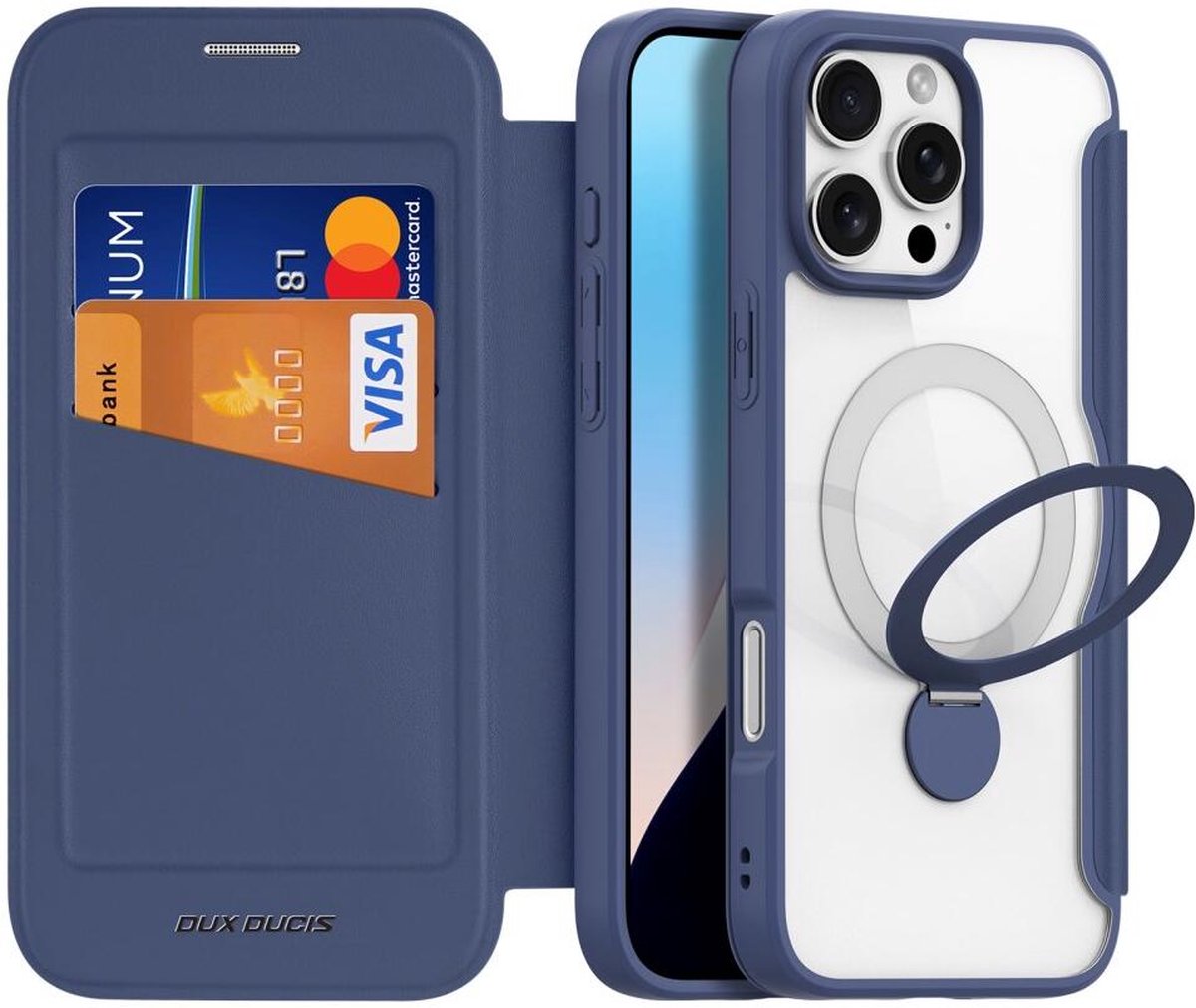 Dux Ducis - Telefoon Hoesje geschikt voor Apple iPhone 16 Pro Max - Hoesje geschikt voor Magsafe magneet - Uitklapbare 360° ring standaard - Skin X Pro - Book Case - Blauw