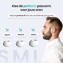 Profiel van een man met witte draadloze oordopjes in zijn oor. Toont "maat S", "maat M" en "maat L" oordopjes ter illustratie van de pasvorm.
