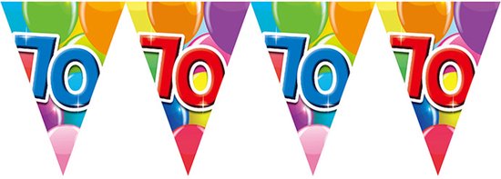 Vier vlaggen met het getal '70' erop, met ballonnenprint. De kleuren zijn veelkleurig.
