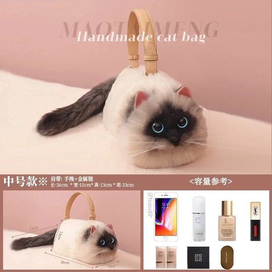 Foto: Siamese kat schoudertas wit grijs veelzijdige handgemaakte pluche schattige kattentas 3d simulation eyes wondertas 15 x 13 x 23 cm met staart bewonder tas shoulder diagonal portablekleine catpackage droom cadeau prachtig knuffelbare kat handtas