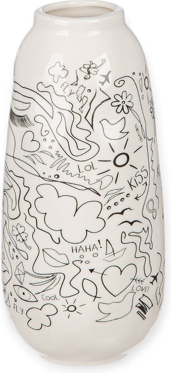 Gilde Handwerk - Vaas - Keramiek - Single Line Design - 9x20cm - Wit - Zwart