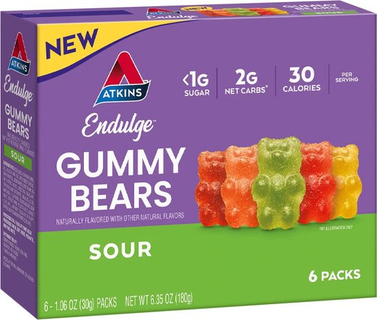 Atkins Endulge Gummy Bears Sour verpakking met 6 pakjes van 30 gram. De verpakking is paars met groen en toont 5 gummyberen in de kleuren rood, oranje, geel en groen.